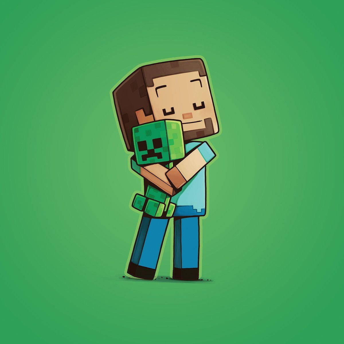 最佳我的世界 桌布 壁紙 — 一個Minecraft玩家角色在柔和的綠色背景上，以像素風格溫暖地擁抱Creeper。