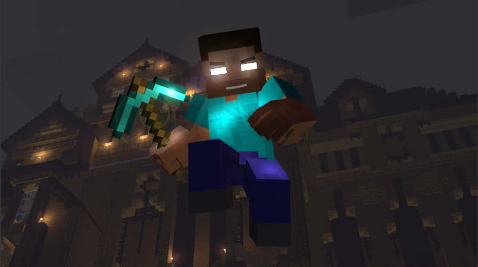Herobrine Minecraft 桌布 壁紙 — 一個Minecraft玩家角色在夜空中漂浮在一個帶有發光窗戶的像素化中世紀城鎮上方。