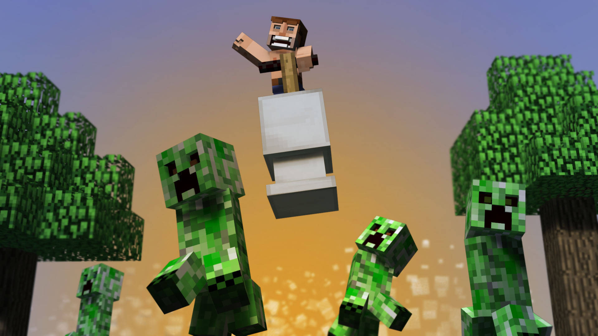 Creeper 桌布 壁紙 — 一個Minecraft玩家角色在日落時分的方塊森林中，勝利地跳過綠色像素苦力怕。