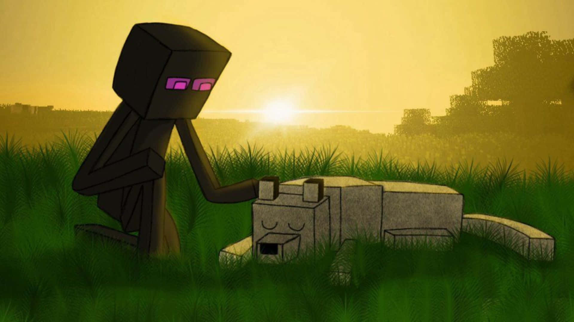 Minecraft Wolf 桌布 壁紙 — 一個Minecraft的Enderman在日落時分跪在草地上，旁邊有一隻閉著眼睛睡覺的貓。