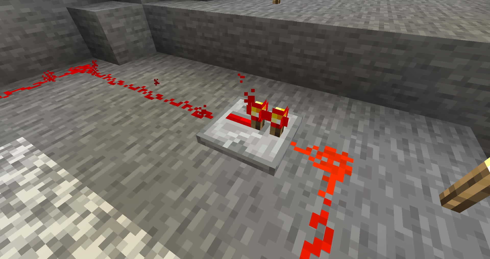 Minecraft Redstone 桌布 壁紙 — 一個Minecraft紅石電路，在一個方塊狀的地下室中，石地板上有一個活塞和火把。