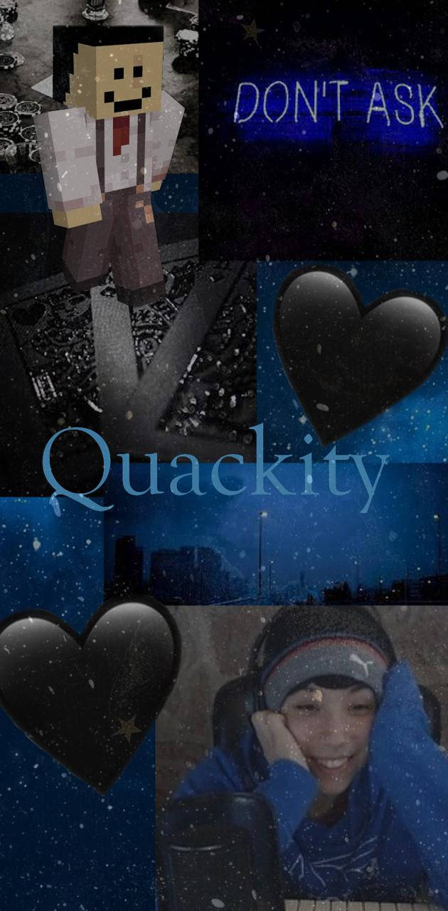 Quackity 桌布 壁紙 — 一個Minecraft角色、一個穿著藍色連帽衫微笑的人、以及發光文字，背景是雪夜天空和黑色心形的拼貼畫。