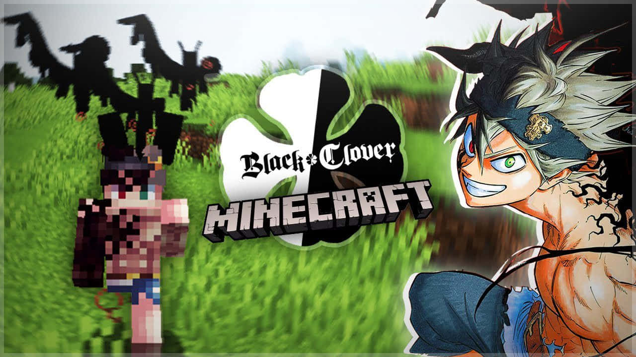 黑色五葉草 桌布 壁紙 — 一個Minecraft角色和一個Black Clover動漫角色並排站在草地上，帶有分裂的三葉草標誌。