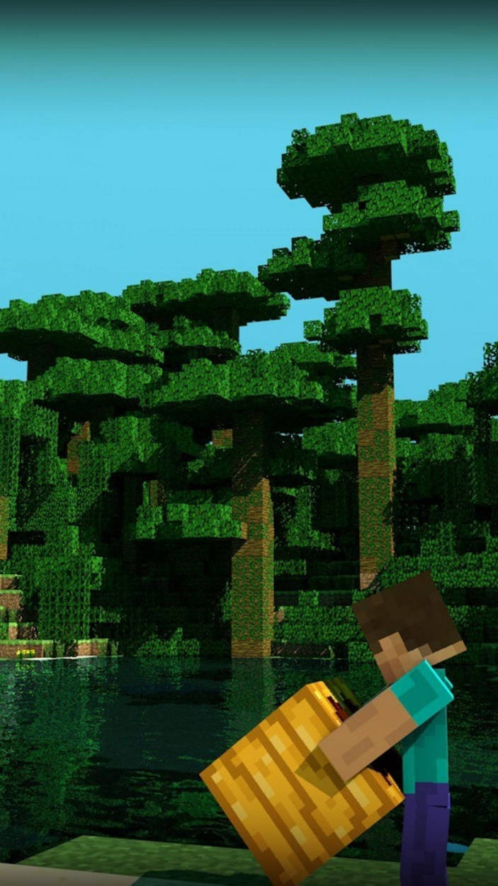 Animated 桌布 壁紙 — 一個Minecraft角色在晴朗藍天下，在像素化森林湖附近拿著一個金色方塊。