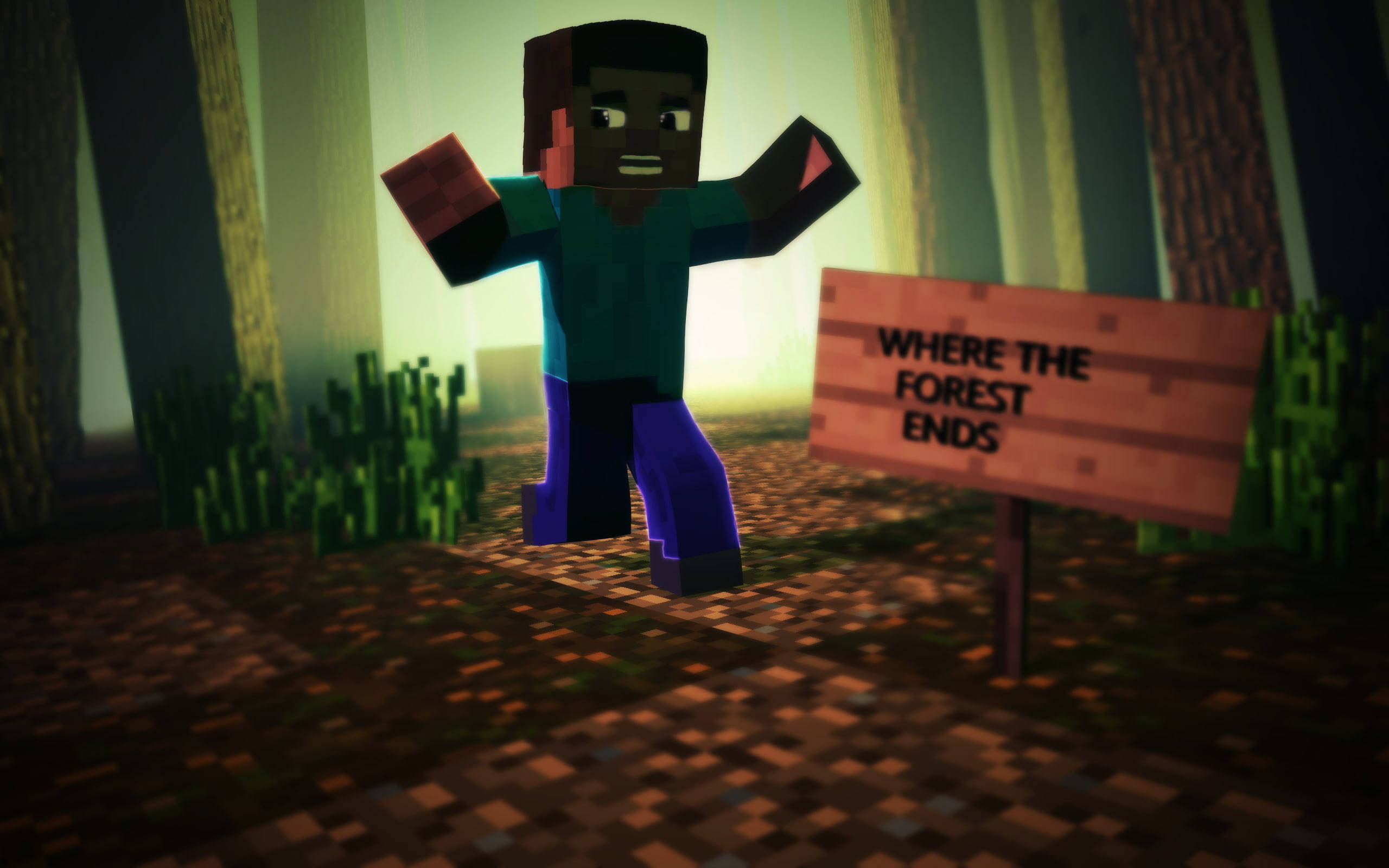 我的世界 史蒂夫 桌布 壁紙 — 一個Minecraft角色在黃昏的森林中，勝利地站在一個寫著森林盡頭的標誌旁。
