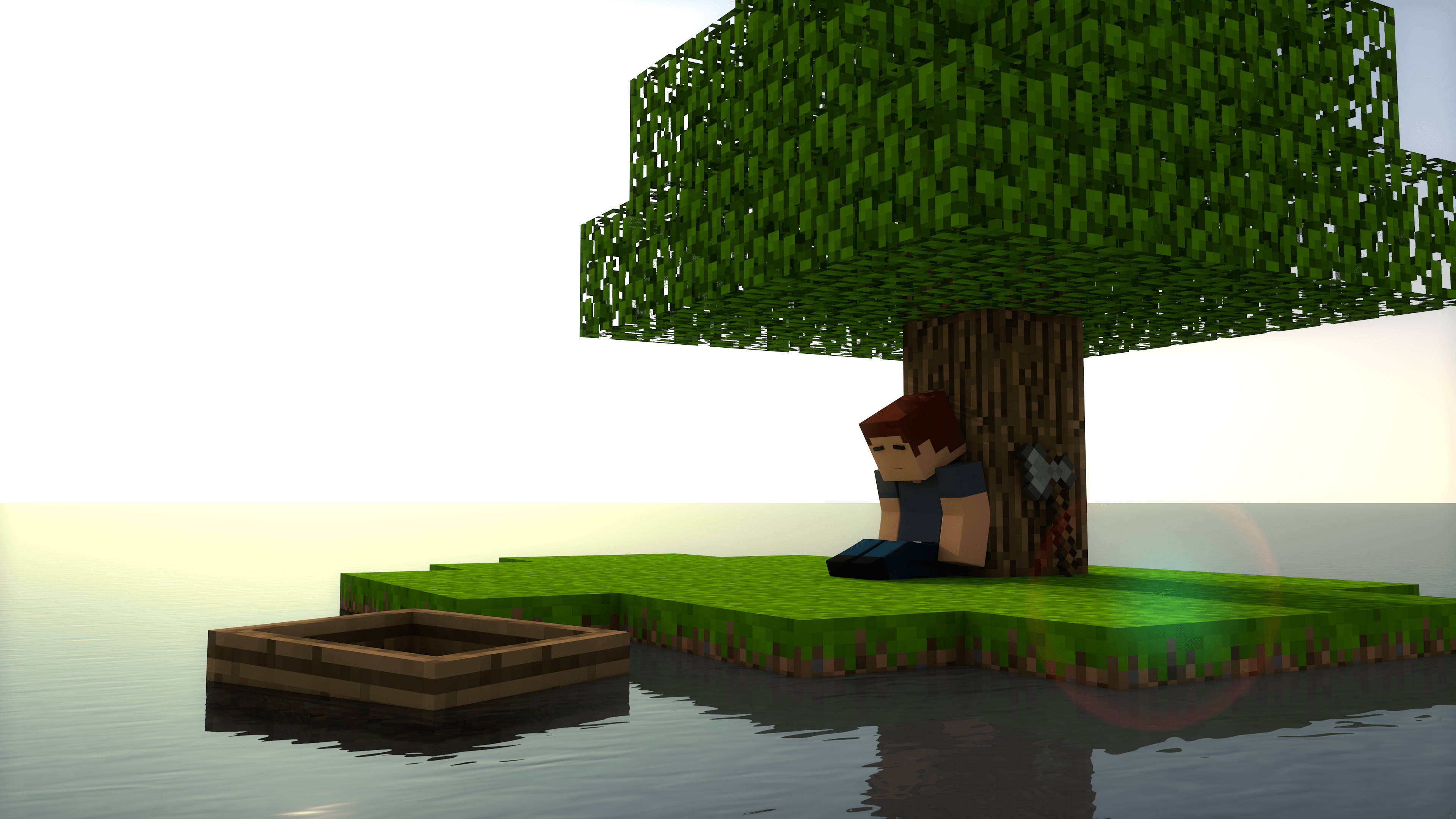 Minecraft Aesthetic 桌布 壁紙 — 一個Minecraft角色坐在一個被平靜水域包圍的草島上的像素化樹下。