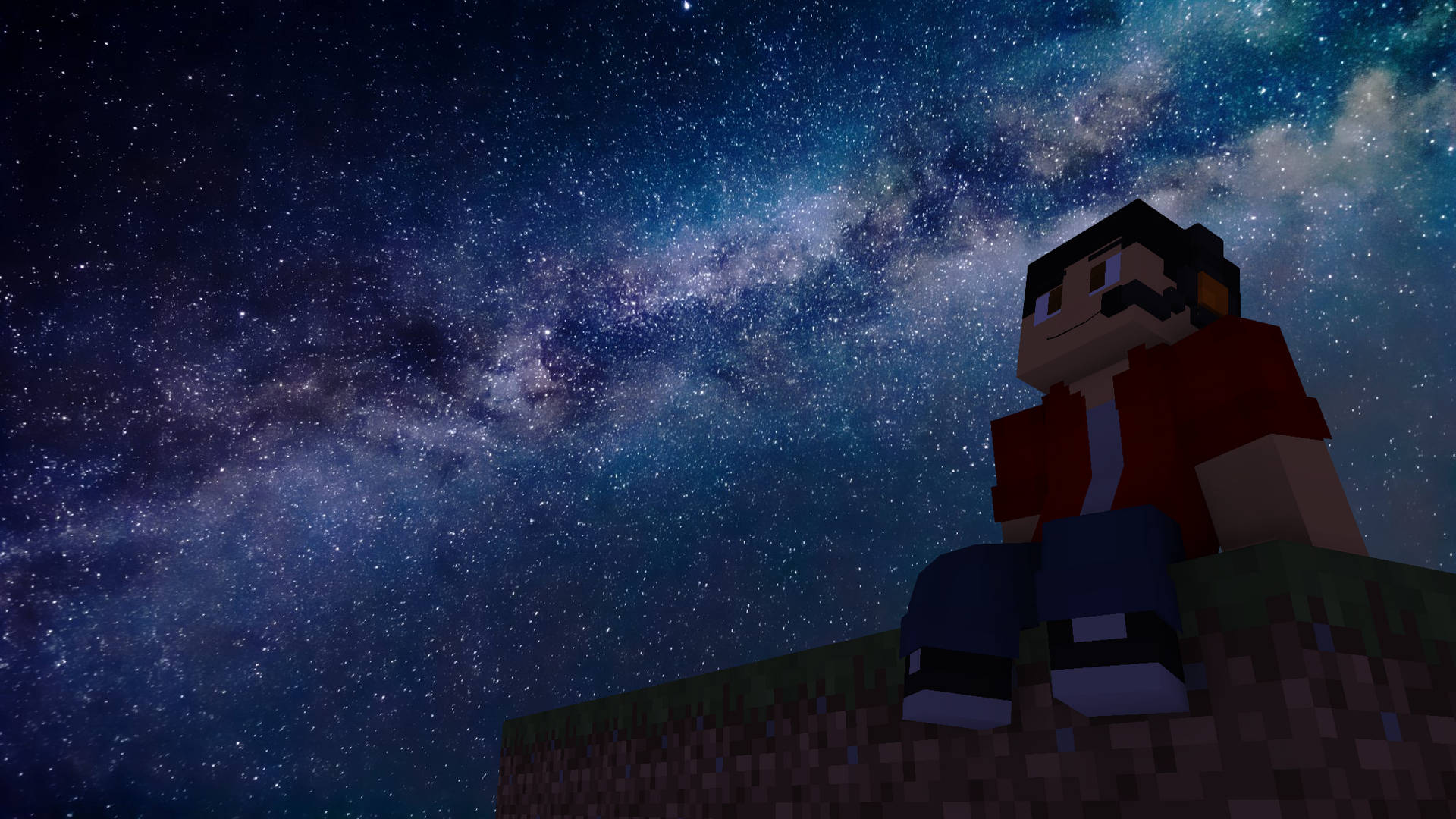 Minecraft角色坐在方塊上，在銀河系繁星夜空下