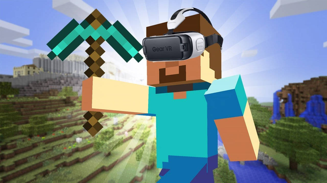  壁紙 — 一個Minecraft角色戴著Gear VR頭戴式裝置，在明亮的陽光下，於方塊風景中手持鑽石鎬。
