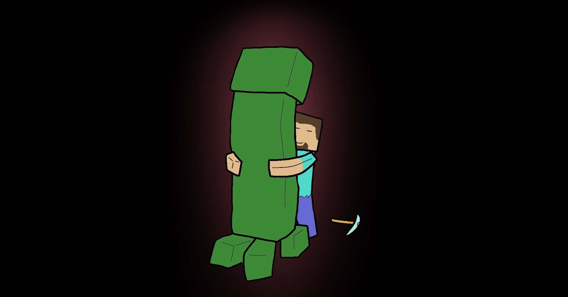 Cute Minecraft 桌布 壁紙 — 一個Minecraft角色擁抱一個巨大的綠色方塊，附近有一把鎬，背景黑暗。