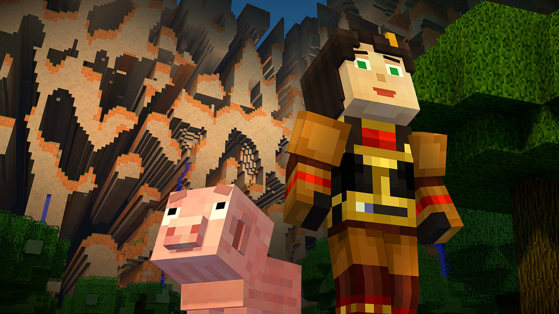 Minecraft Story Mode 桌布 壁紙 — 一個Minecraft角色站在一隻豬旁邊，在一個有岩石懸崖和綠色樹木的像素森林中。