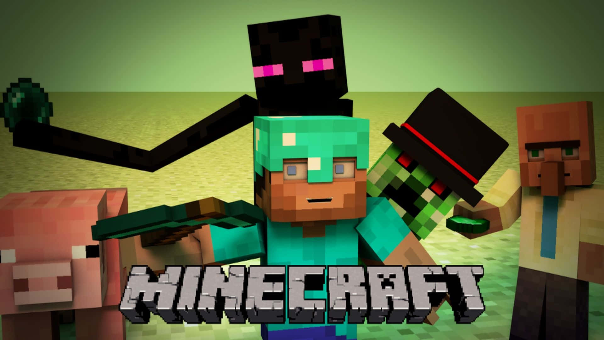 Minecraft Fan Art 桌布 壁紙 — 一個Minecraft角色站在中央，旁邊有豬殭屍和其他方塊狀生物，在像素化的草地場景中。