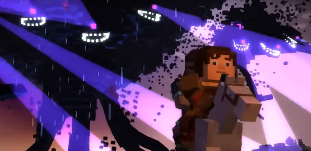 Wither 桌布 壁紙 — 一個Minecraft角色站在像素化風暴中，下方是發光的紫色光束，周圍漂浮著微笑的臉孔。