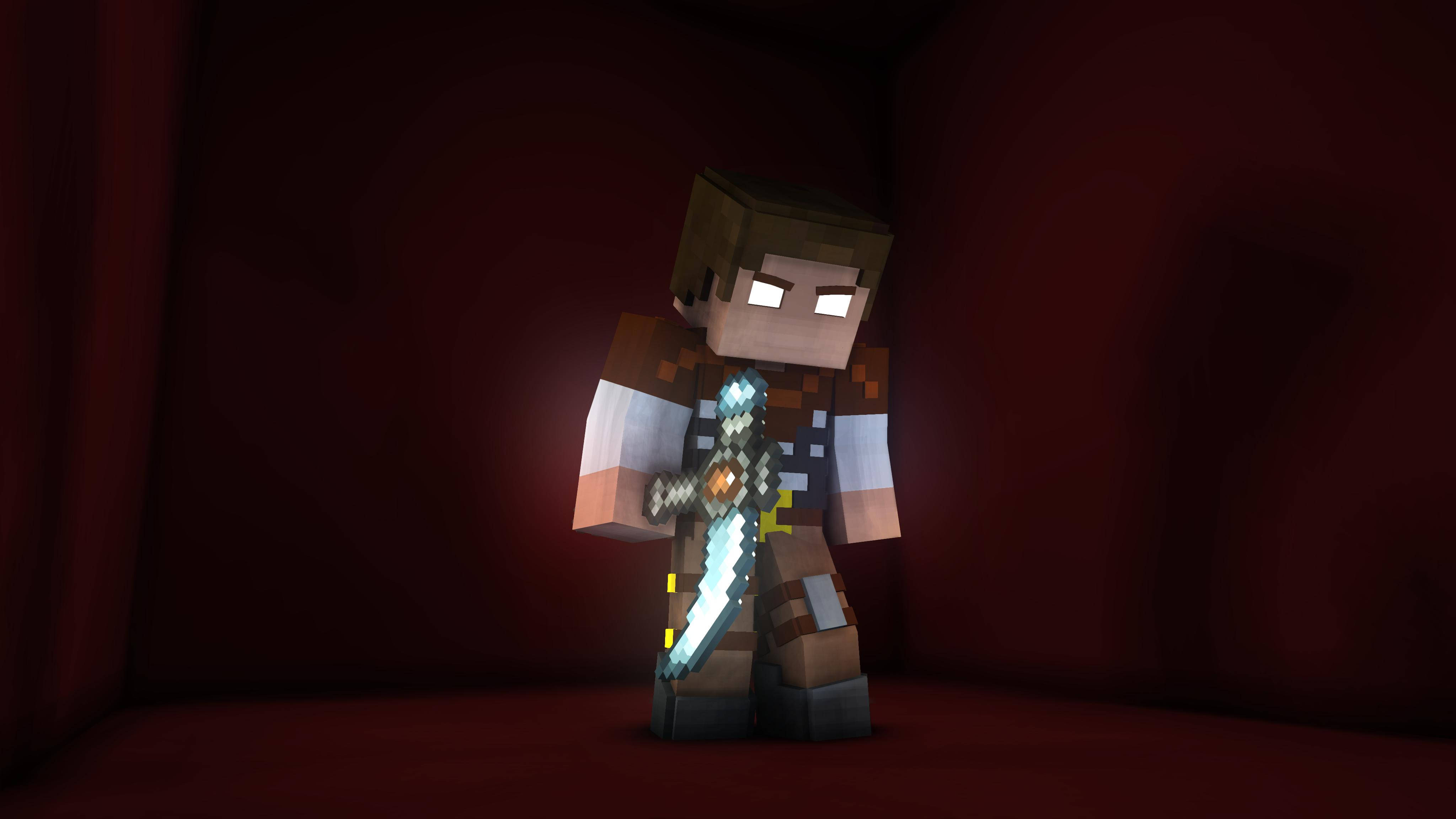 電玩遊戲 桌布 壁紙 — 一個Minecraft角色站在昏暗的紅色房間中，手持發光的鑽石劍。