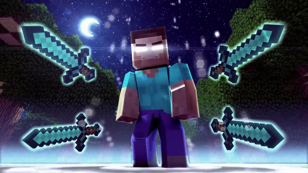 Herobrine 桌布 壁紙 — 一個Minecraft角色站在星空下，被四把發光的鑽石劍包圍。