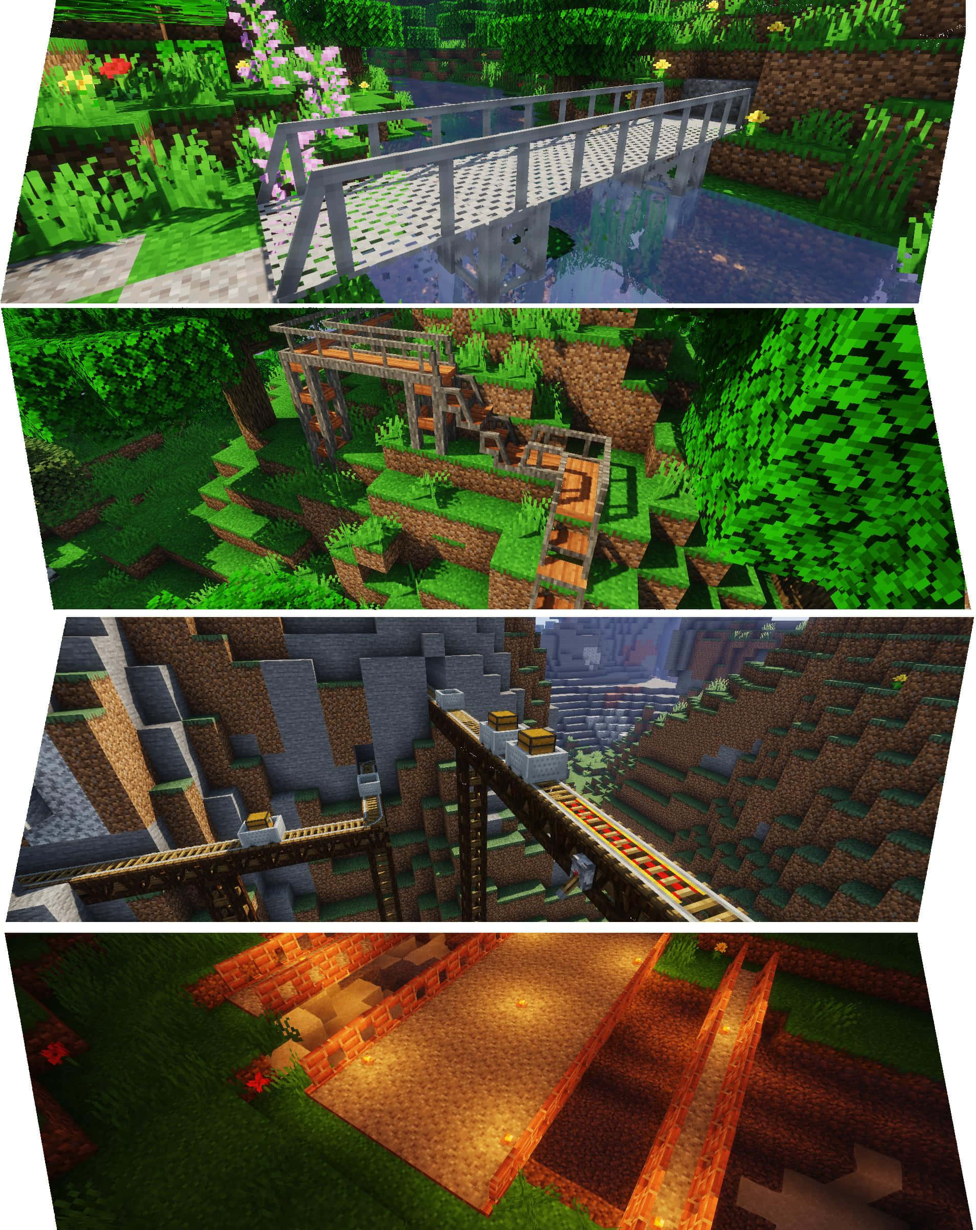 Minecraft Bridges 桌布 壁紙 — 一個Minecraft風景拼貼畫，展示了一座木橋橫跨水面、一座叢林神廟、一條礦車軌道和一個發光的地獄傳送門。