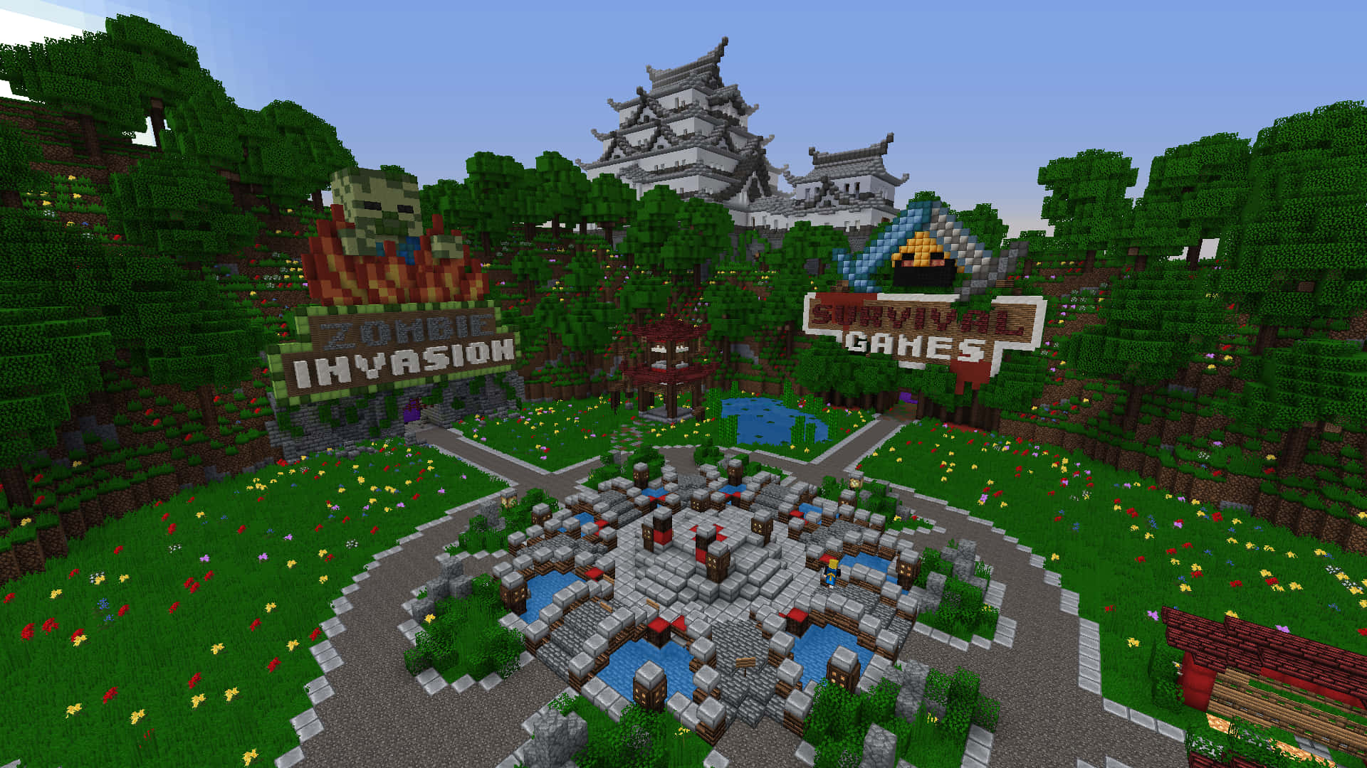 Minecraft Server 桌布 壁紙 — 一個Minecraft風格的像素村莊，有石路、花朵和寫著zombie invasion和survival games的標誌，周圍有樹木和城堡。