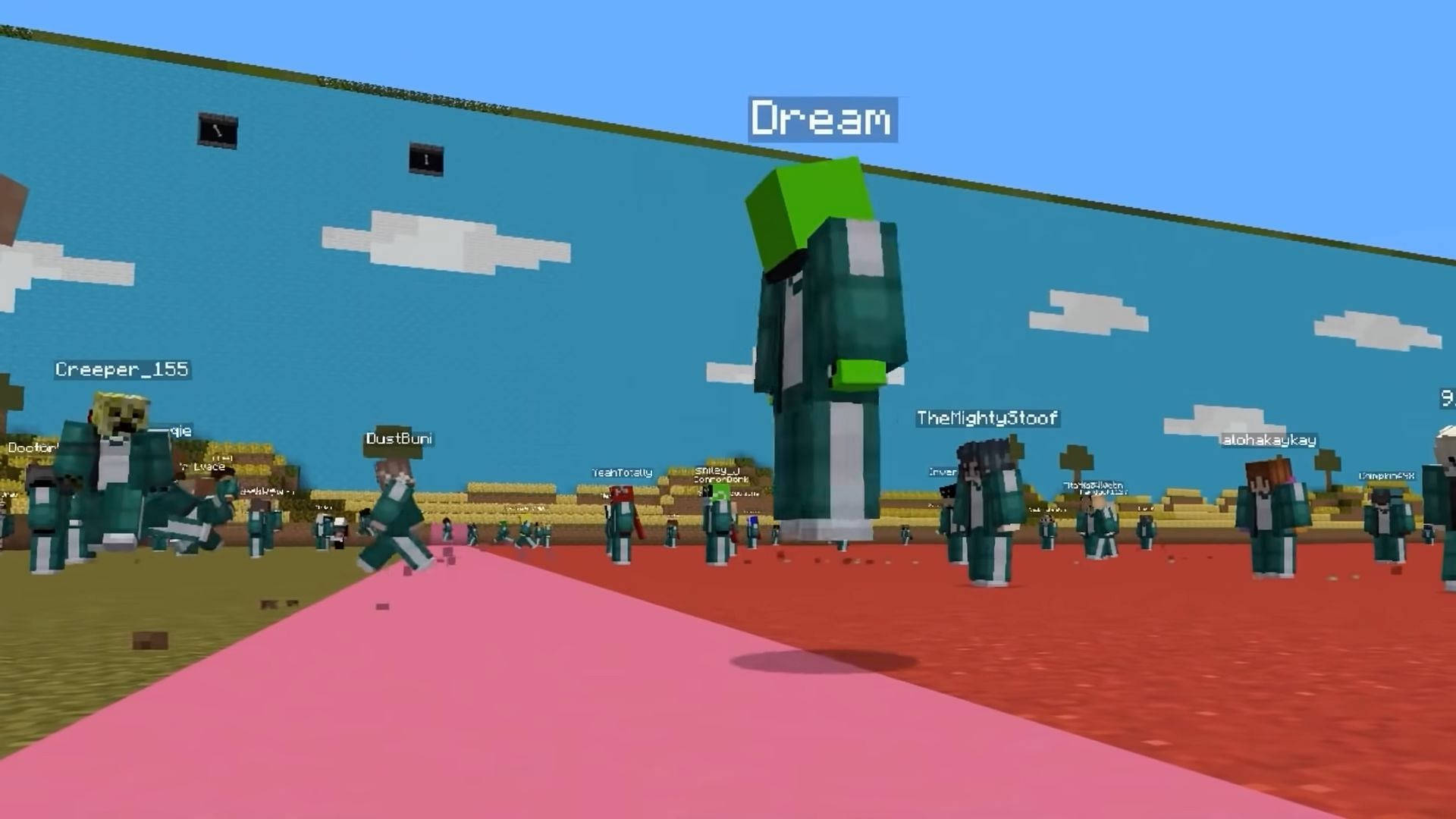 在一個方塊Minecraft風格的世界裡，綠色制服的腳色站在粉紅色跑道上。