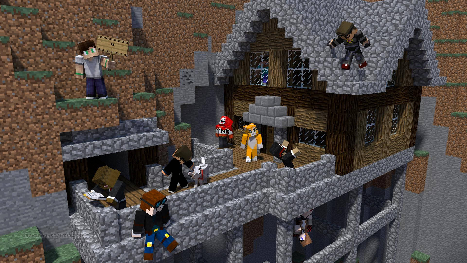 Minecraft角色聚集在像素村莊的一間石屋周圍。