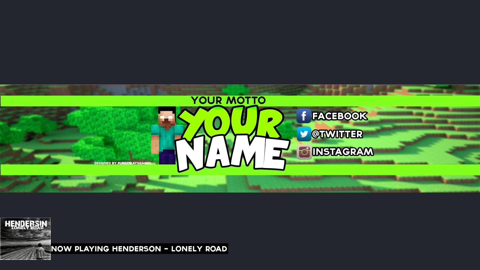 YouTube Banner 桌布 壁紙 — 一個Minecraft風格的橫幅，包含像素化頭像和社交媒體佔位符，背景為綠色方塊景觀。