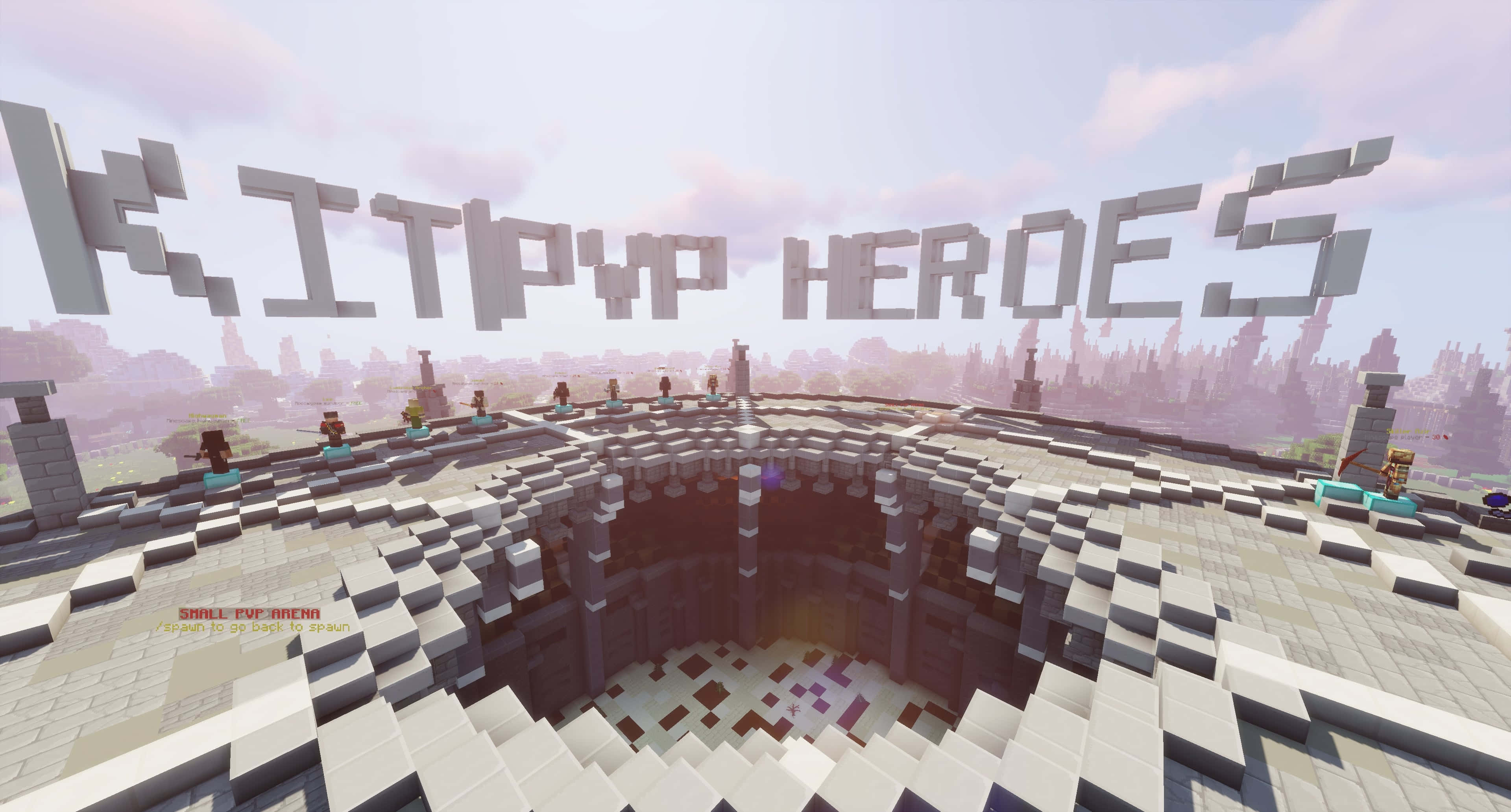 The Battle Of The Heroes 桌布 壁紙 — 一個Minecraft風格的競技場，像素化英雄站在圓形石台上，天空有些朦朧。