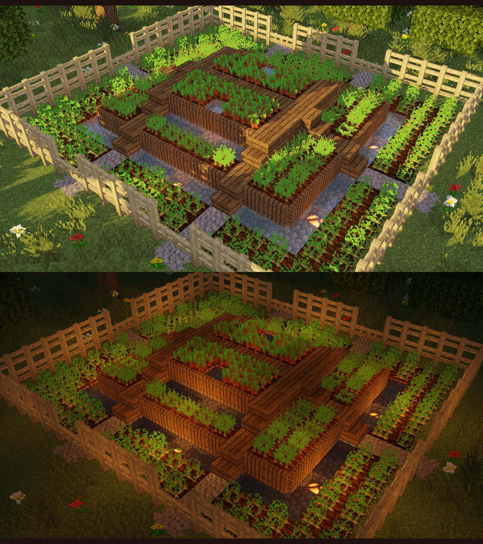 Minecraft Farming 桌布 壁紙 — 一個Minecraft風格的花園，設有木製高架花床和圍欄，在明亮的日光和溫暖的晚間燈光下展示。