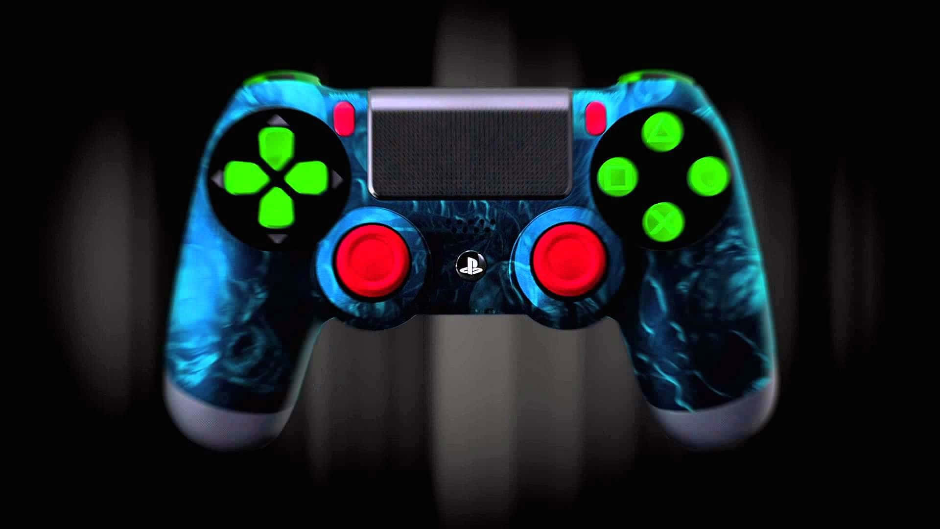 彩色動圖 桌布 壁紙 — 一個PlayStation控制器，帶有發光的綠色和紅色按鈕，以及藍色大理石紋設計，背景為深色。
