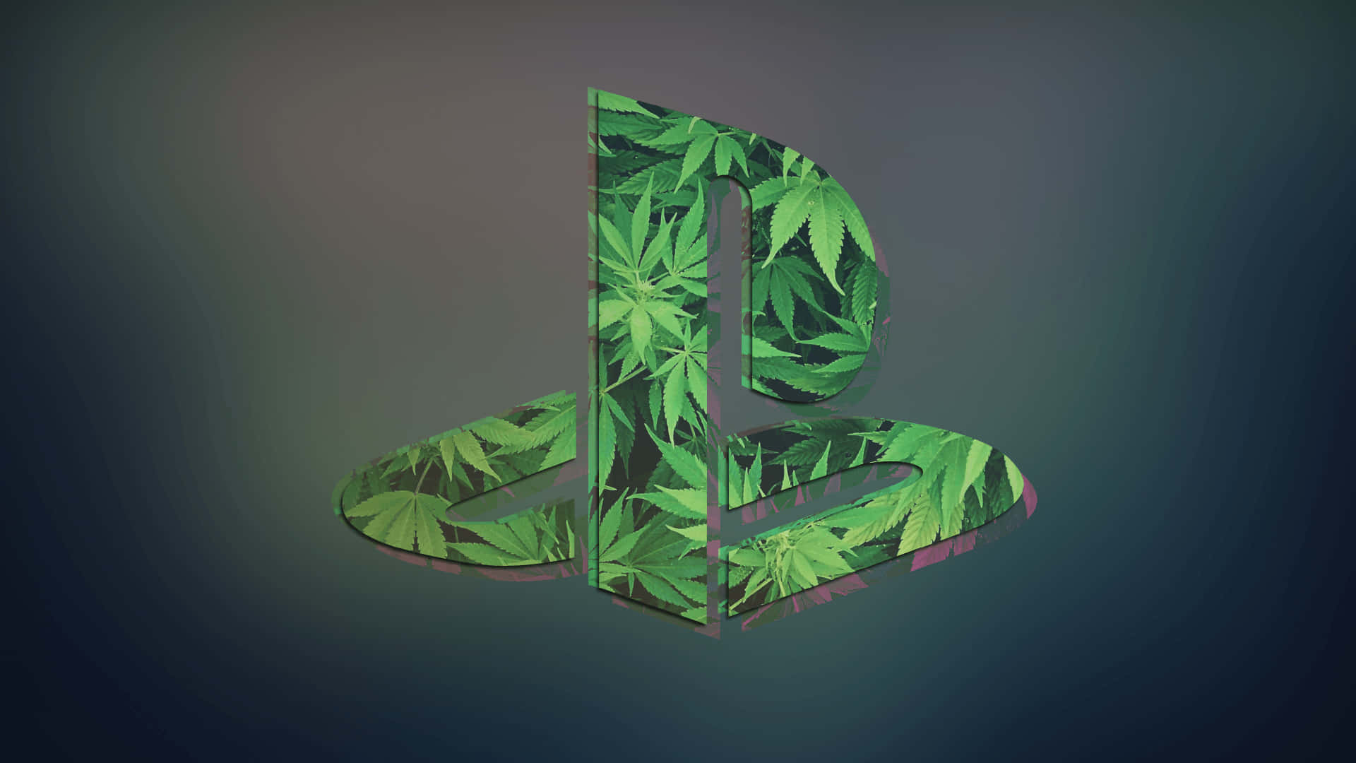 桌布 壁紙 — 一個PlayStation標誌，充滿鮮豔的綠色大麻葉，背景為深色漸變。