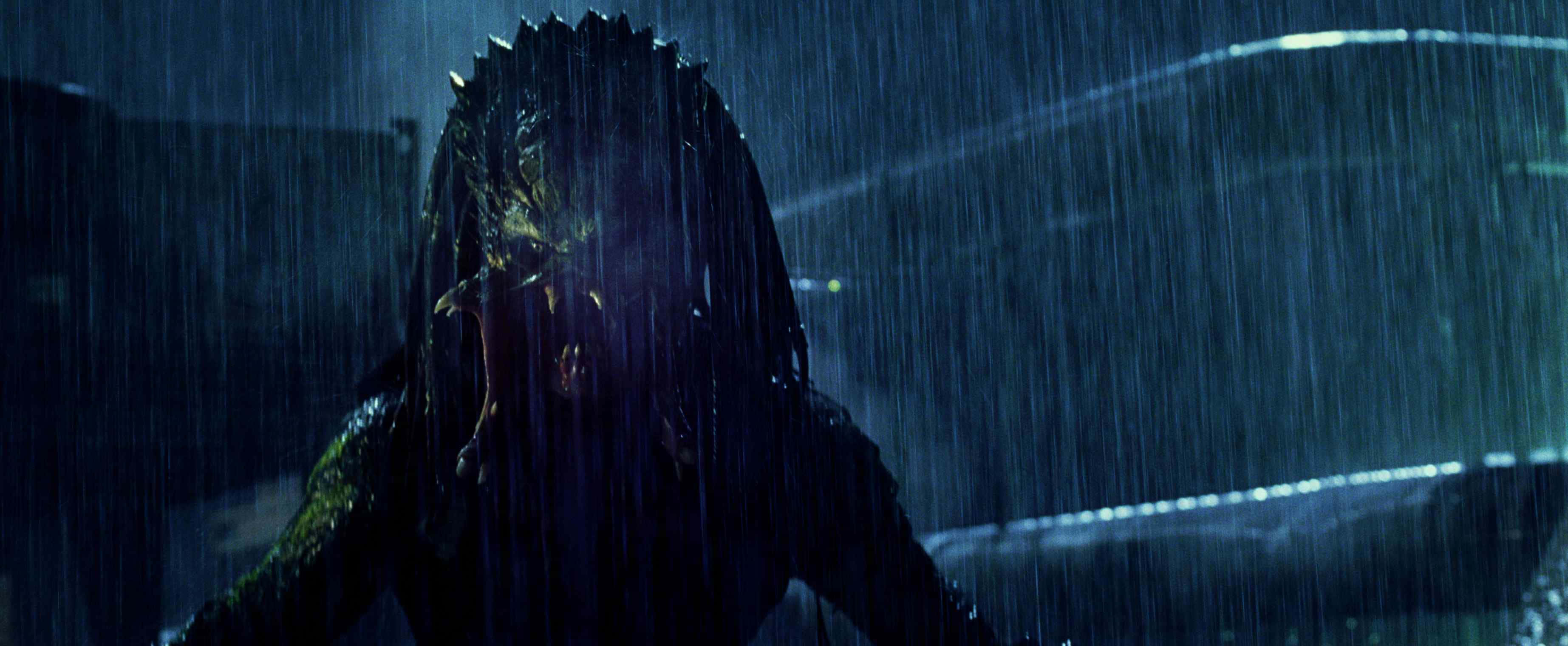 Wolf Predator 桌布 壁紙 — 一個Predator站在大雨中，在昏暗的藍色燈光下，水流從其戴頭盔的頭上流下。