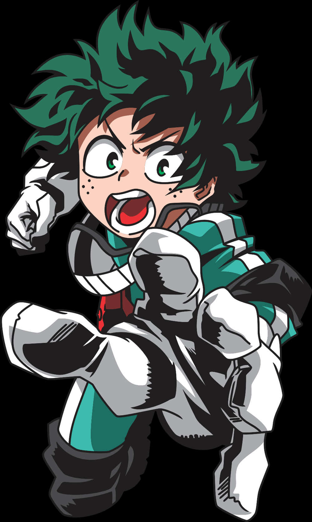 My Hero Academia Anime 桌布 壁紙 — 一個Q版動漫英雄，擁有尖刺的綠色和黑色頭髮，在黑色背景前以動態戰鬥姿勢猛烈地喊叫。