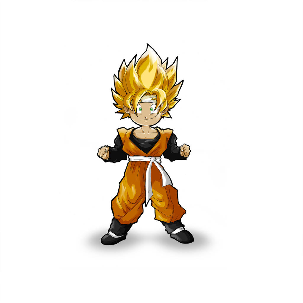 Goten 桌布 壁紙 — 一個Q版動漫角色，擁有尖刺金色頭髮和橙色道服，自信地站在純白色背景前。