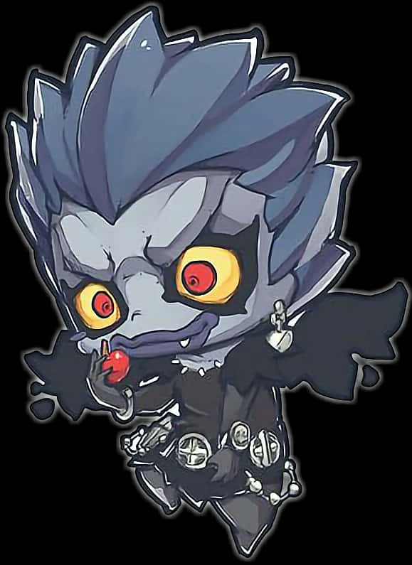 Death Note Ryuk 桌布 壁紙 — 一個Q版動漫角色，有尖刺藍色頭髮、發光黃色眼睛和邪惡笑容，手持一個紅蘋果。