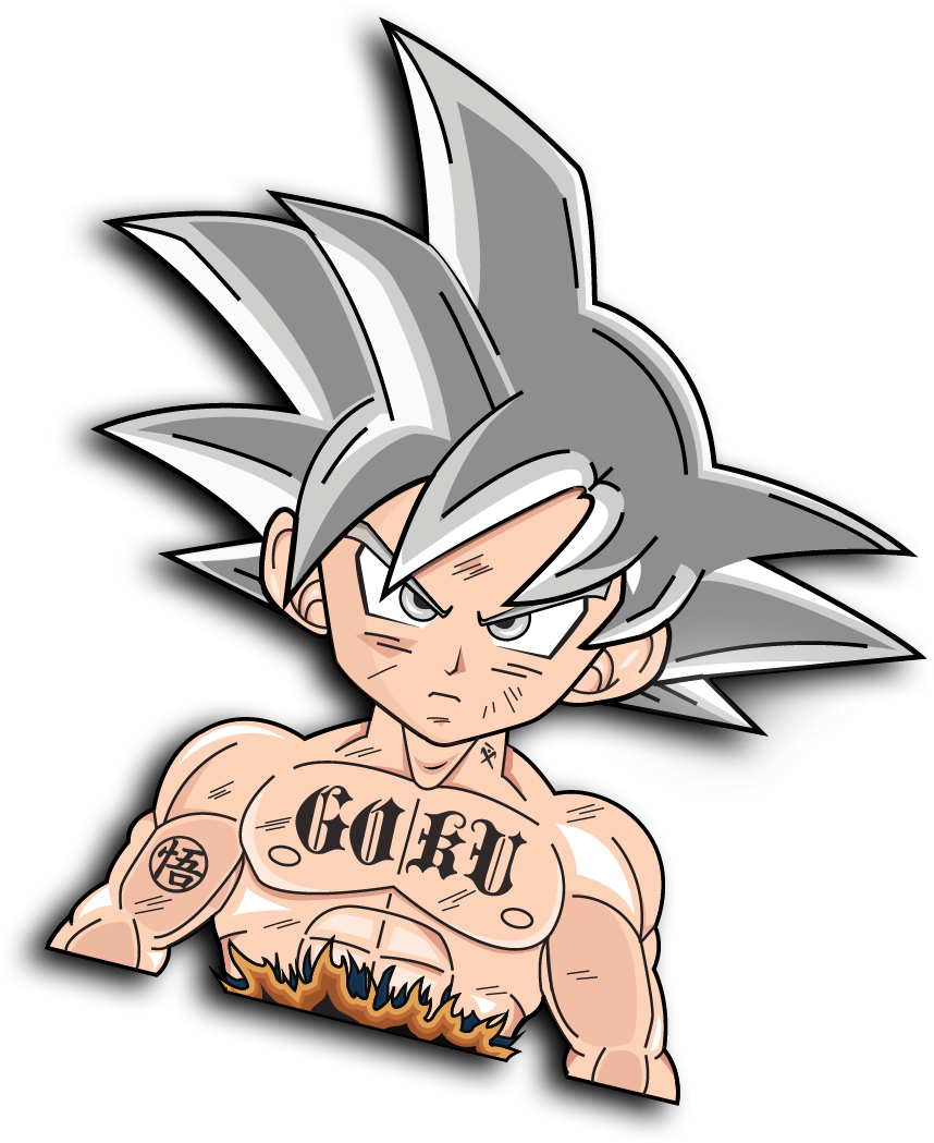 kid goku 桌布 壁紙 — 一個Q版動漫角色，銀色尖刺頭髮，胸前刺有「GOKU」字樣，站在黑色背景前。