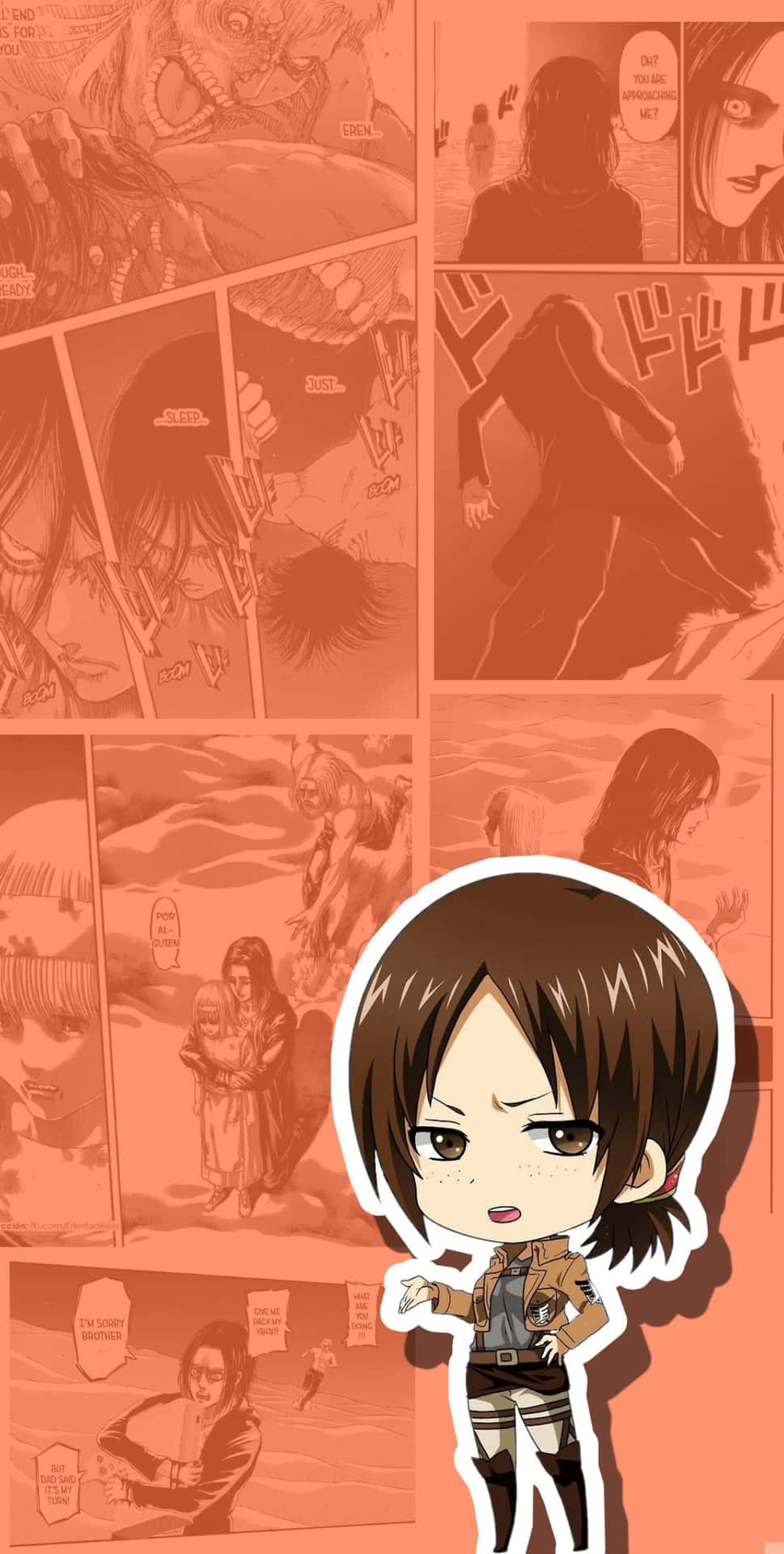 Ymir 桌布 壁紙 — 一個Q版動漫角色站在紅色調的漫畫面板拼貼畫前，畫中有巨型巨人及戲劇性場景。