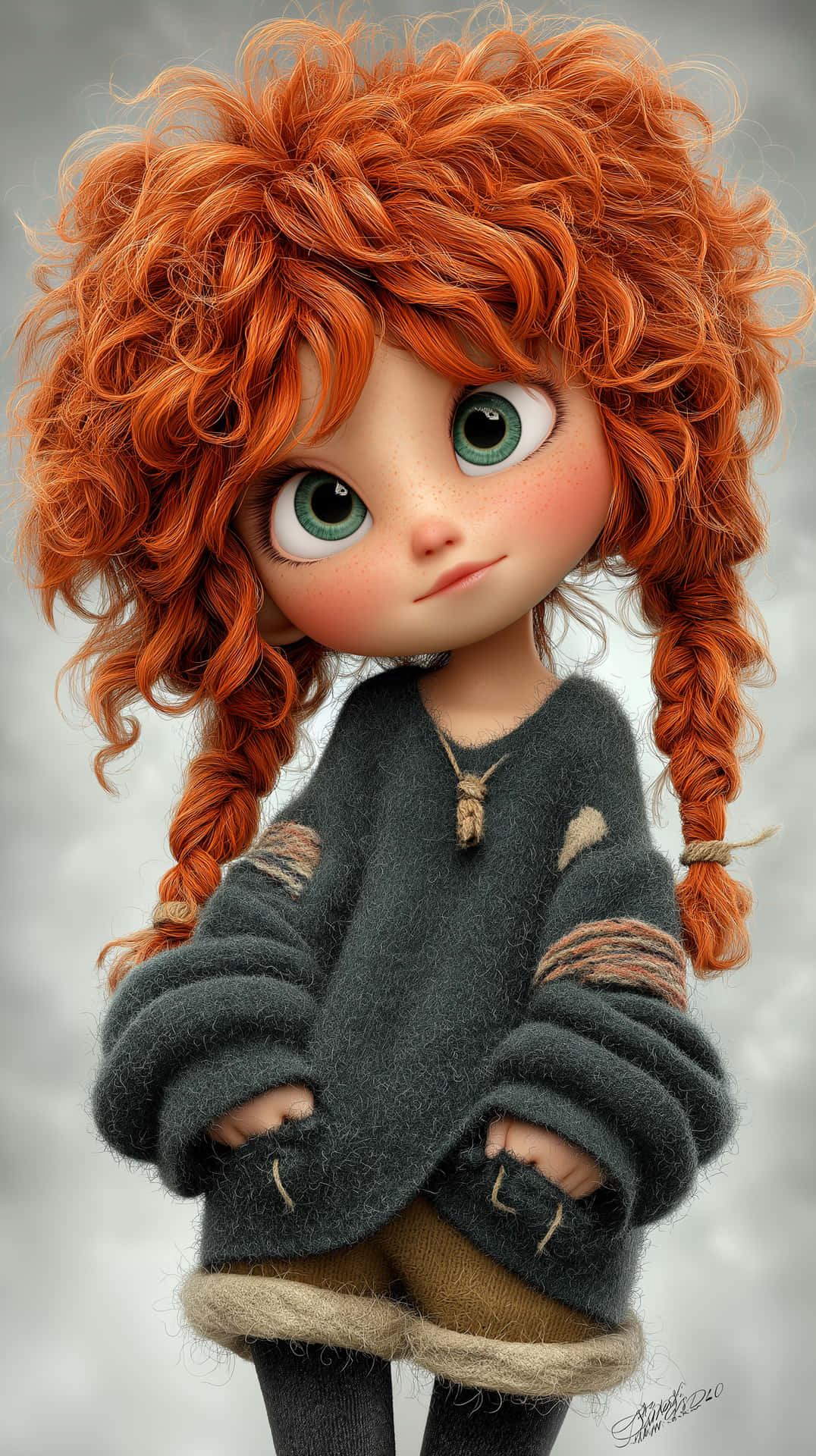 Adorable Cartoon Girl with Fiery Red Curly Hair and Big Eyes 壁紙 — 一個Q版女孩，火紅辮子頭髮，綠色大眼睛，穿著破舊灰色毛衣，背景是柔和的灰色。
