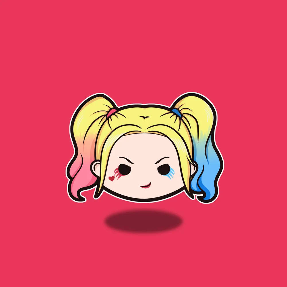Harley 桌布 壁紙 — 一個Q版小丑女，彩虹雙馬尾，心形眼淚，純粉紅色背景。