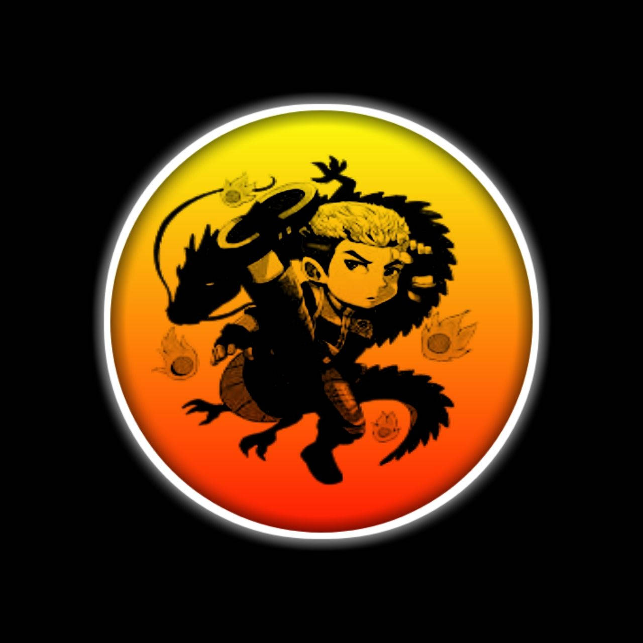 Q版動圖 桌布 壁紙 — 一個Q版戰士與龍夥伴站在發光的橙色和黃色圓形背景前。