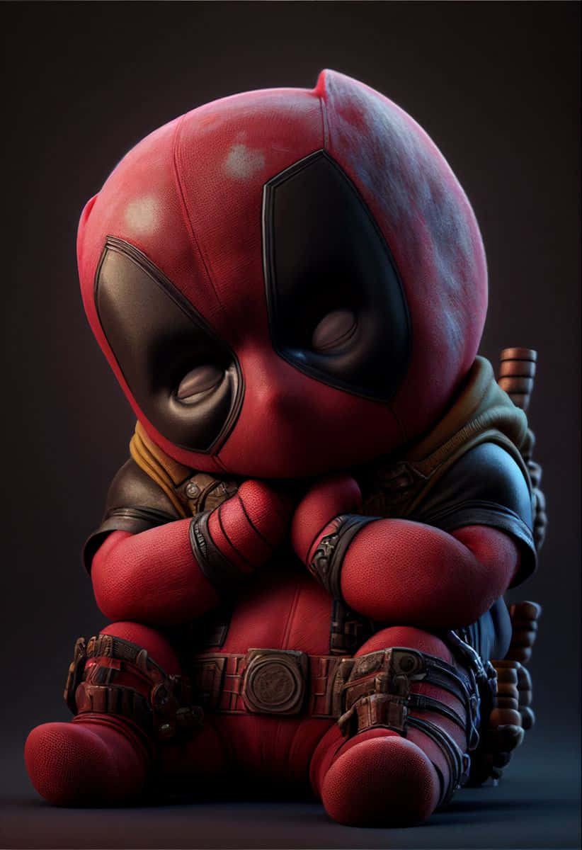 Deadpool Cartoon 桌布 壁紙 — 一個Q版死侍穿著紅色戰衣，在黑暗背景中抱著膝蓋坐著，光線柔和。