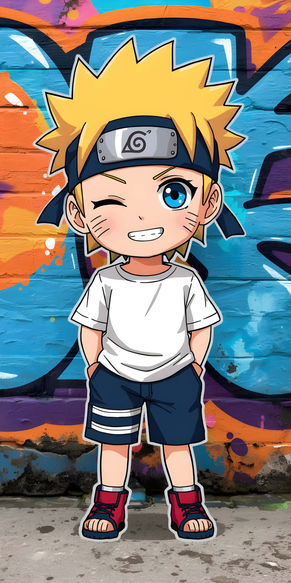Adorable Little Naruto in Casual Outfit Wallpaper 壁紙 — 一個Q版漩渦鳴人在充滿活力的塗鴉牆前愉快地眨眼，牆上有大膽的橙色、藍色和紫色潑濺。