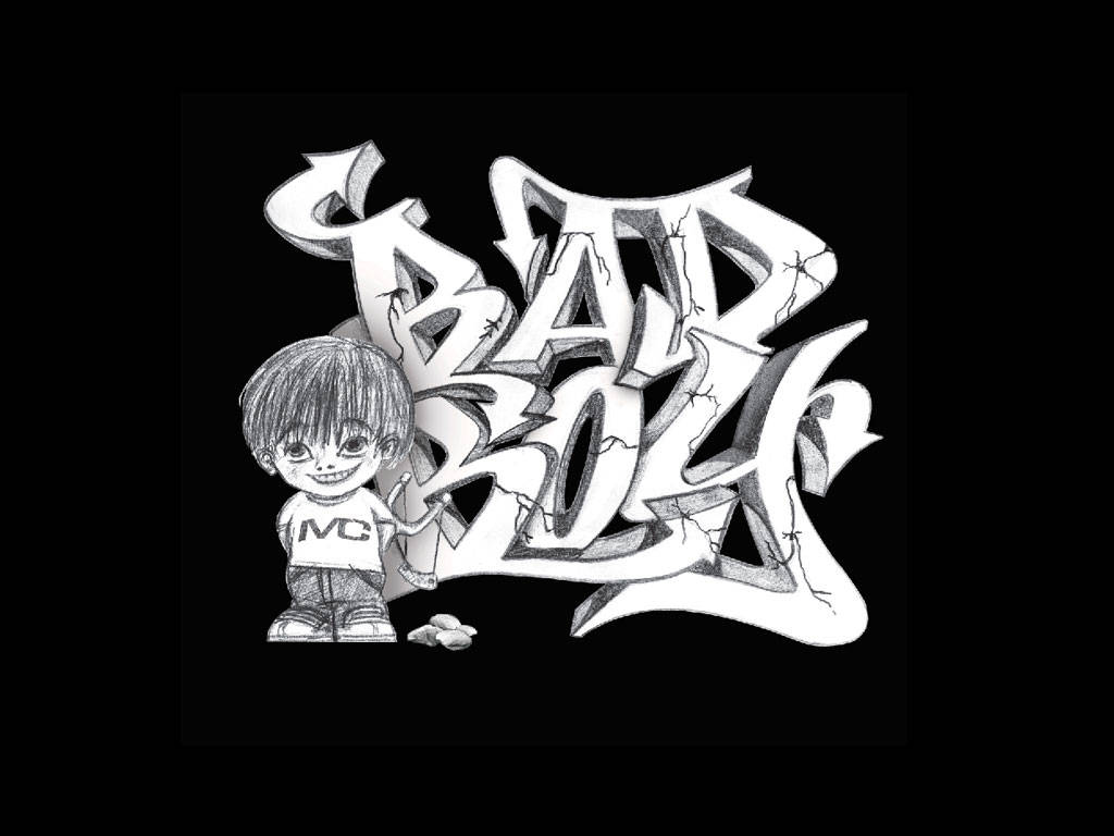 bad 桌布 壁紙 — 一個Q版男孩站在大膽裂紋塗鴉字母旁，拼出「BAD BOY」，以鮮明的黑白插圖呈現。