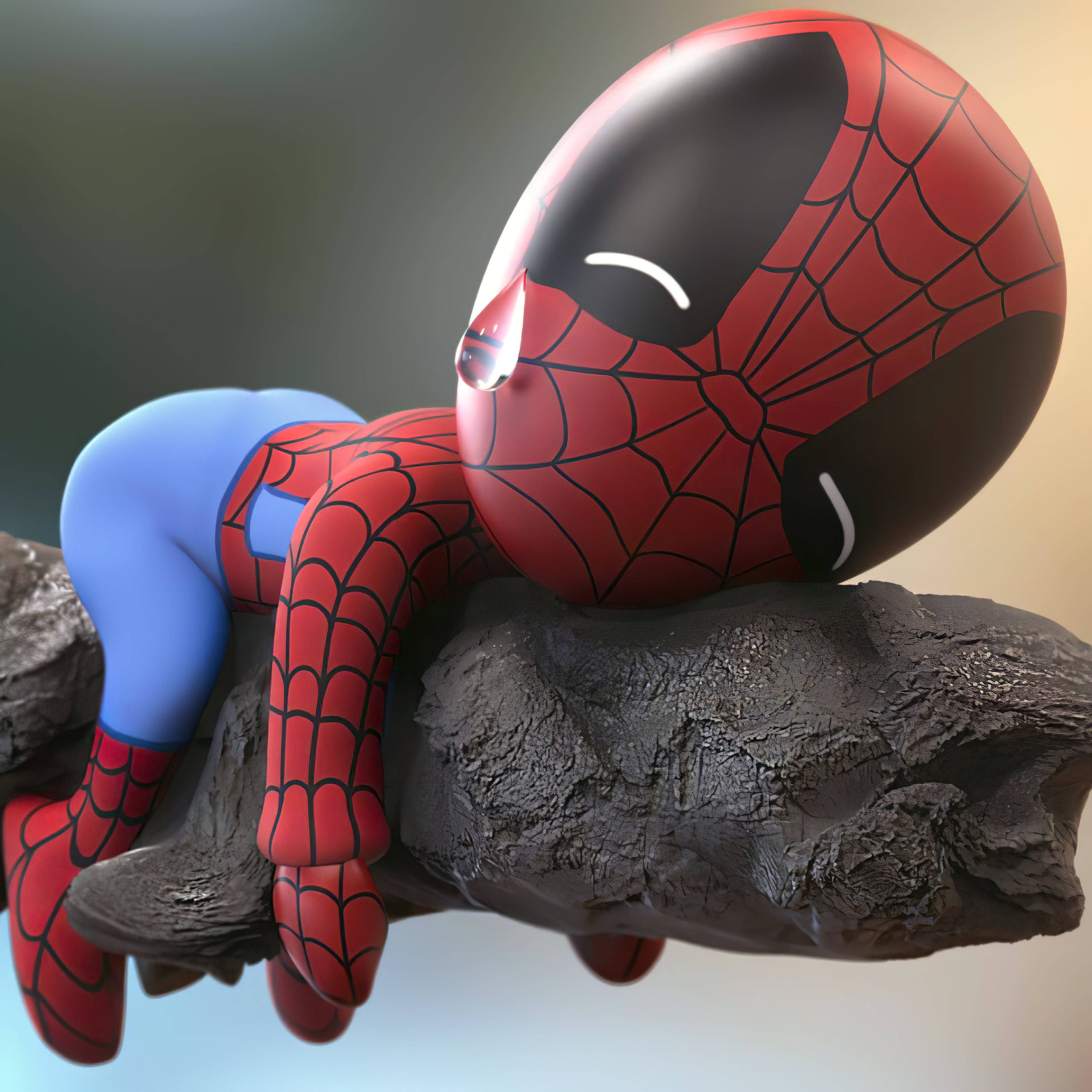 Spider Man 桌布 壁紙 — 一個Q版蜘蛛人在暗色岩石上安詳地休息，一滴淚水從臉頰滑落。