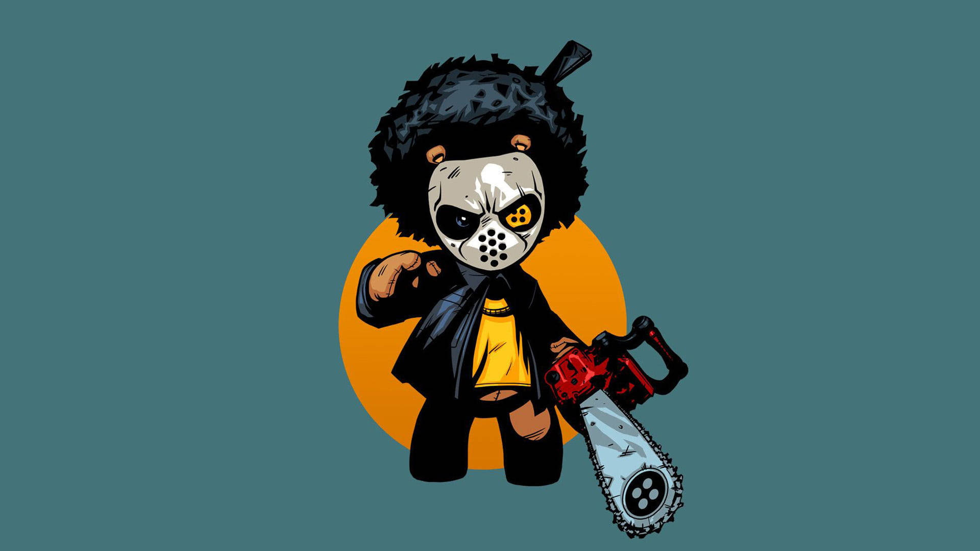 黑幫動圖 桌布 壁紙 — 一個Q版角色戴著Jason Voorhees面具和爆炸頭，在帶有橙色太陽的藍綠色背景上拿著電鋸。