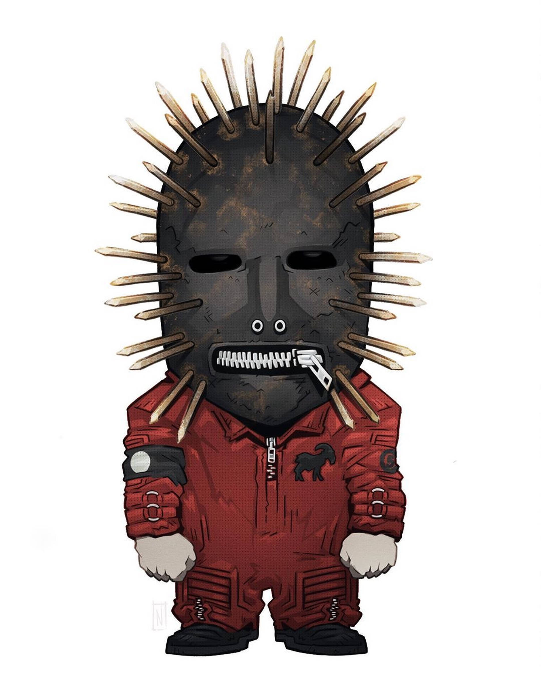 craig jones 桌布 壁紙 — 一個Q版角色戴著尖刺頭盔和紅色連身衣，嘴巴是拉鍊設計。