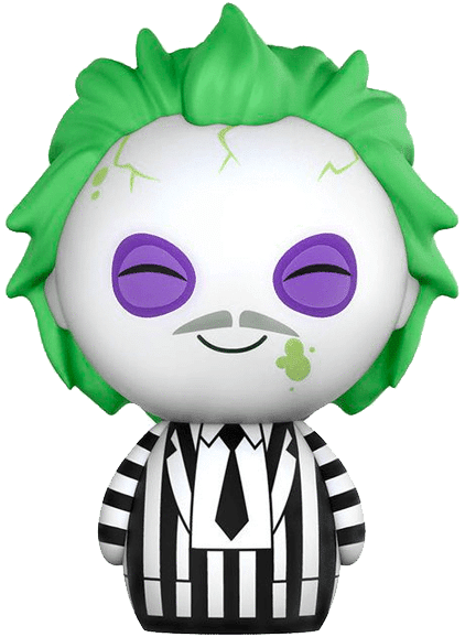 陰間大法師 桌布 壁紙 — 一個Q版風格的Beetlejuice乙烯基公仔，綠色頭髮、紫色眼睛、穿著條紋西裝，在白色背景前微笑。