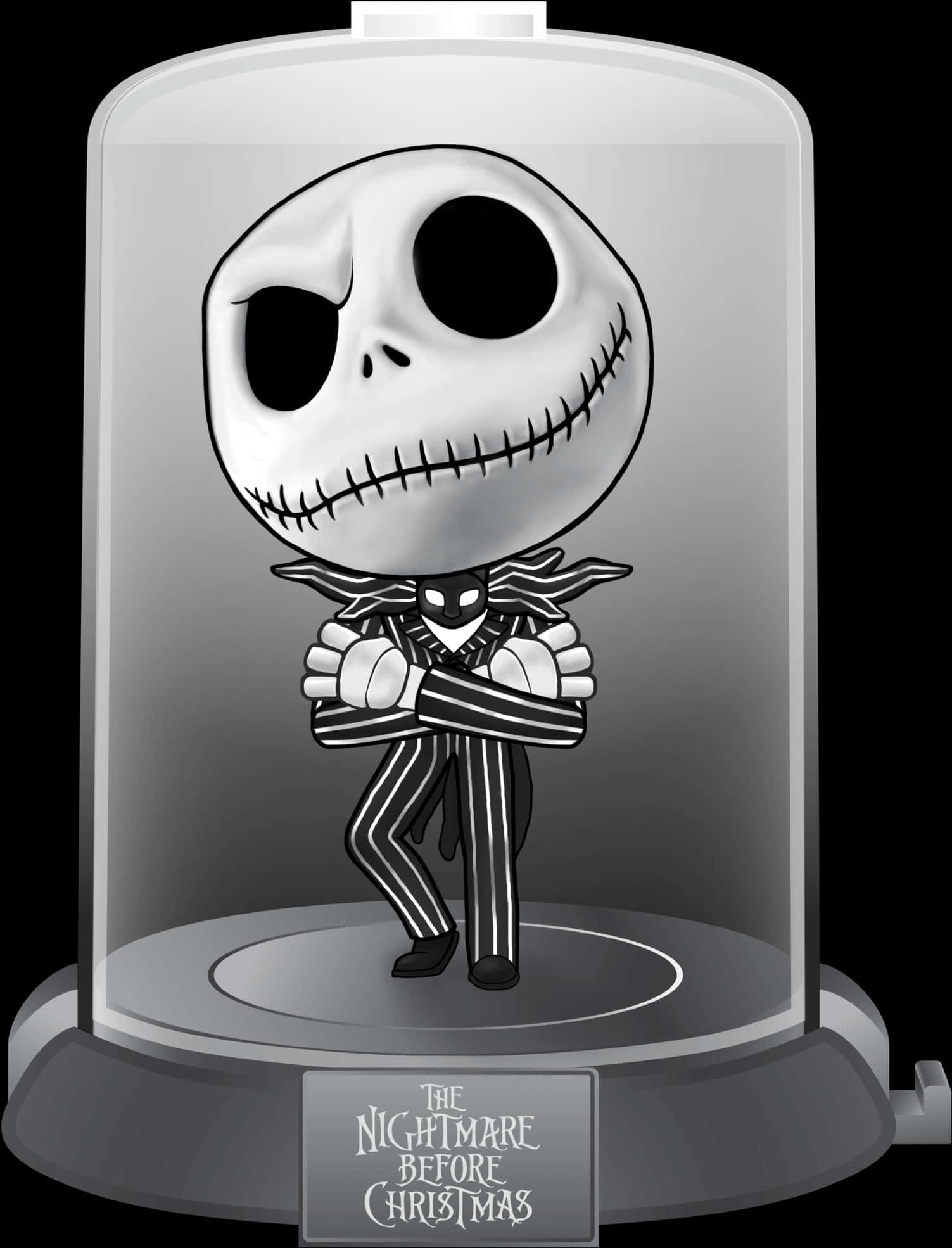 Disney Character 桌布 壁紙 — 一個Q版風格的Jack Skellington交叉雙臂站在玻璃展示櫃內，櫃上有一塊刻有《聖誕夜驚魂》的牌匾。