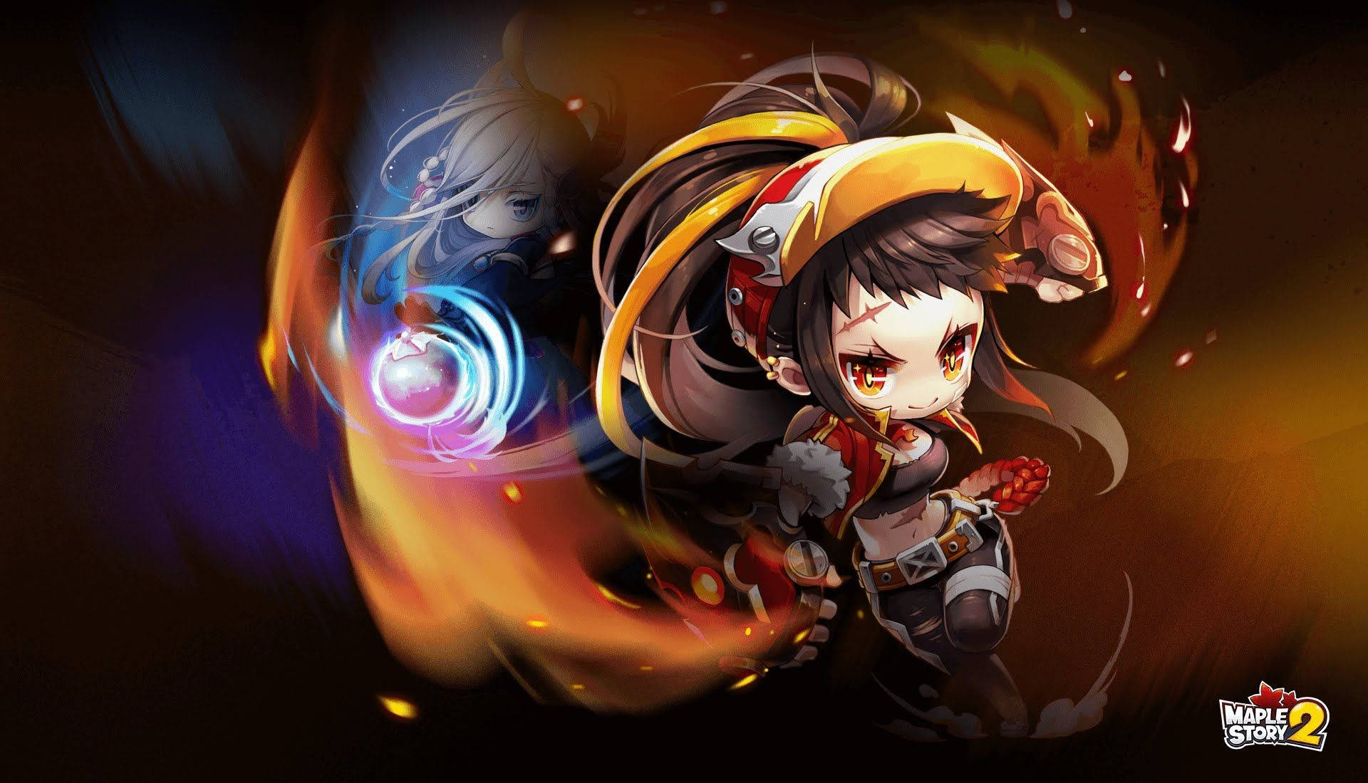 Maplestory 2 桌布 壁紙 — 一個Q版風格的動漫戰士，擁有火焰般的頭髮和發光的眼睛，揮舞著一把燃燒的劍，而一個幽靈般的身影在旋轉的火焰後方持著一個發光的球體。