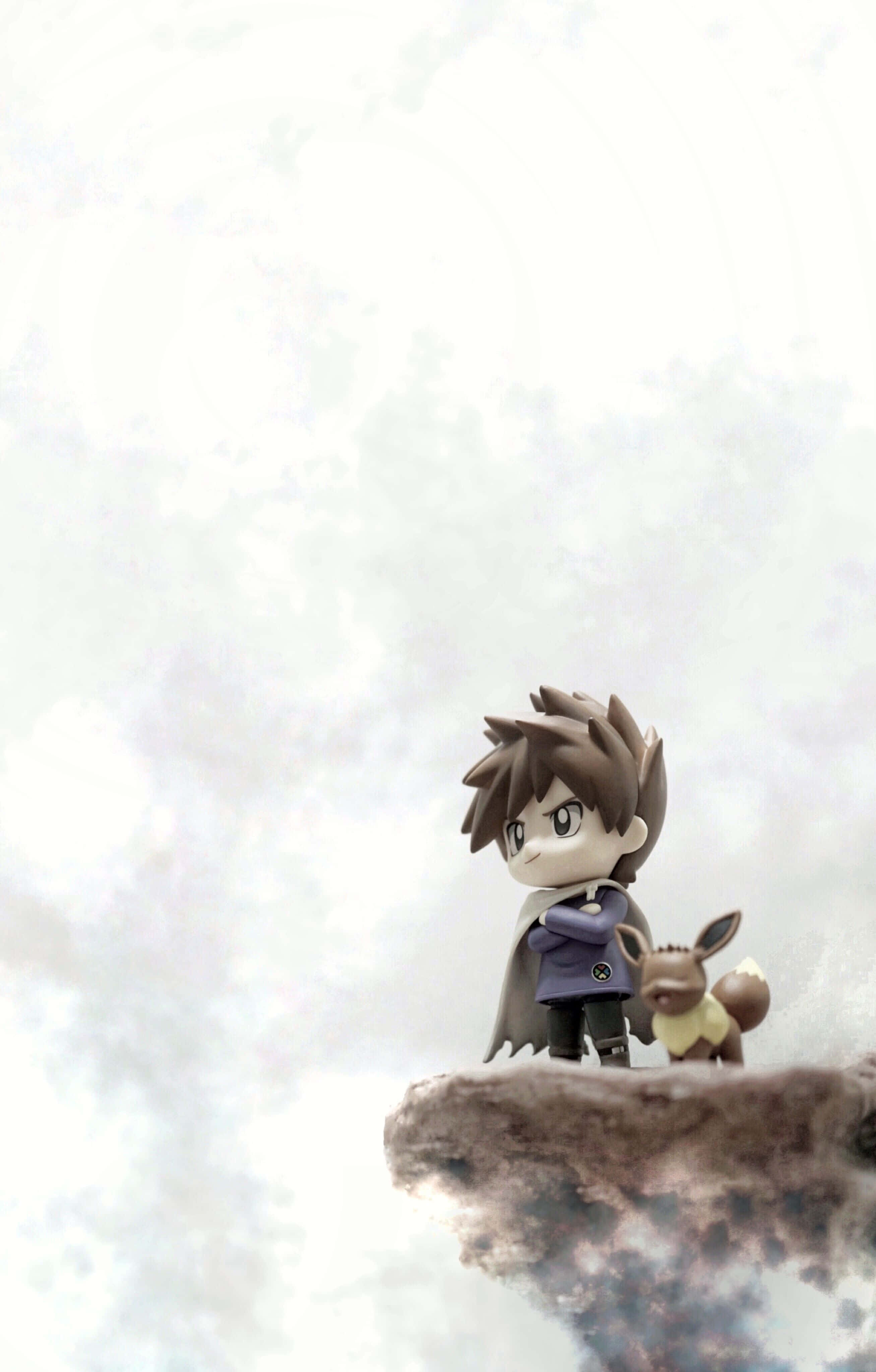 Pokemon Figures 桌布 壁紙 — 一個Q版風格的小智和皮卡丘一起站在浮石上，周圍是旋轉的雲層。