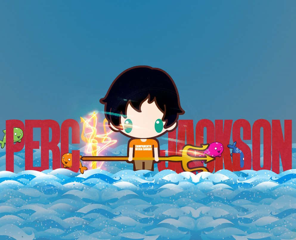 Animated 桌布 壁紙 — 一個Q版風格的波西傑克森站在海浪中，手持發光的三叉戟，周圍有海洋生物。