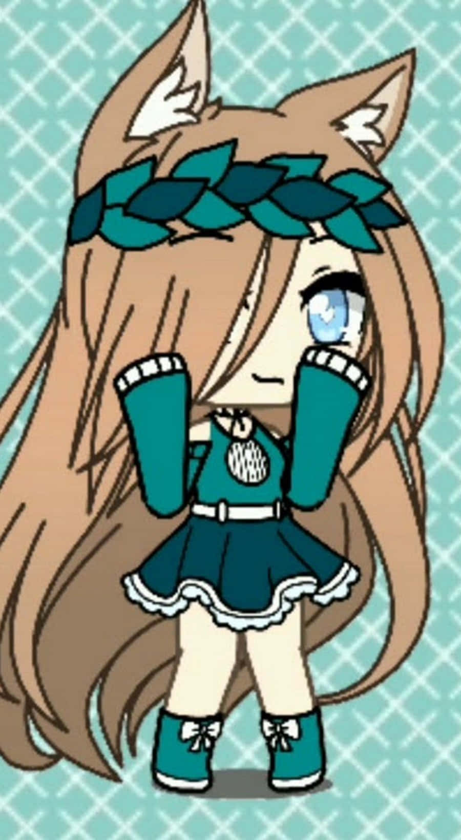 Gacha Life 桌布 壁紙 — 一個Q版風格的狐女，長長棕色頭髮，穿著青綠色服裝，站在有圖案的青綠色背景前。