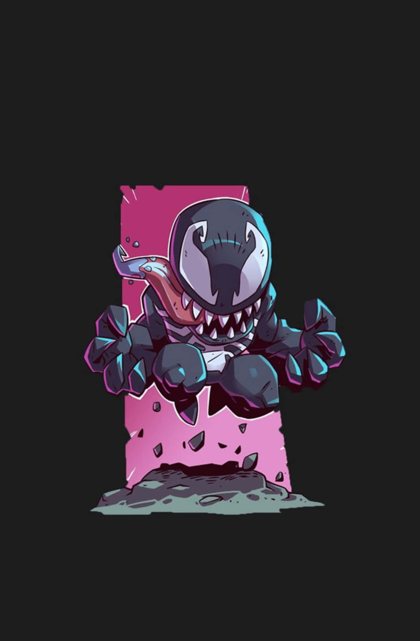 Venom Comic Book 桌布 壁紙 — 一個Q版風格的猛毒角色，在黑色背景上，用尖牙和發光的眼睛衝破粉紅色的牆壁。