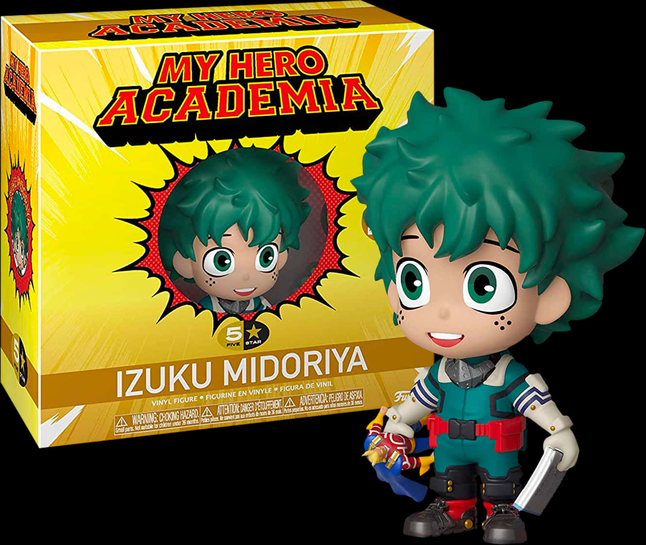 My Hero Academia Anime 桌布 壁紙 — 一個Q版風格的綠谷出久乙烯基人偶站在其亮黃色的My Hero Academia包裝旁邊，背景為黑色。